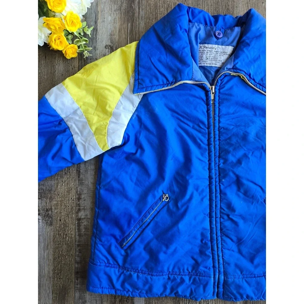 Vintage 70s‎ JCPenney Puffer Jacket Kids Size 10 Blue Yellow Colorblock Coat